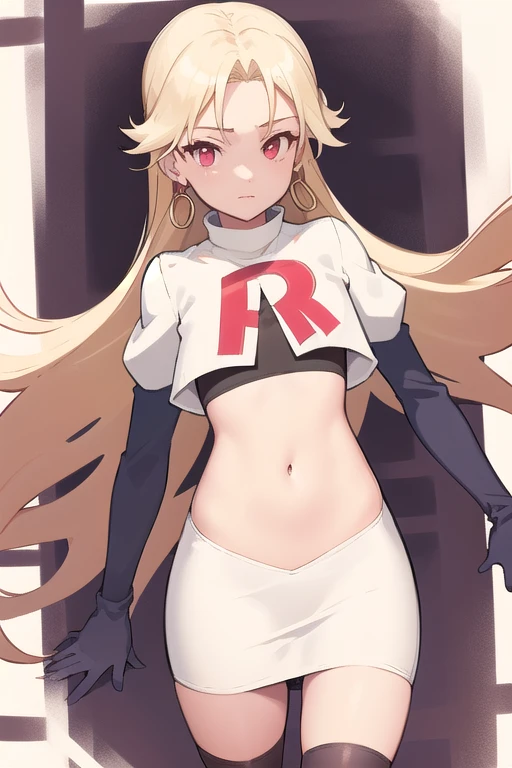 best quality, (masterpiece:1.2), illustration, absurdres,
(1girl, solo), (beautiful detailed girl), (cowboy shot),,
Roselia Millstein, blond hair, very long hair, red eyes, flat chest,
earrings, team rocket,team rocket uniform,white skirt,red letter R,crop top,black thigh-highs,black elbow gloves,