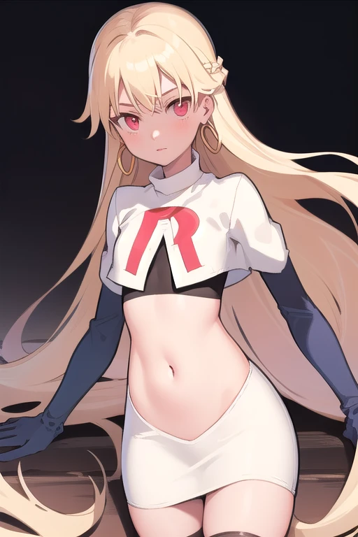 best quality, (masterpiece:1.2), illustration, absurdres,
(1girl, solo), (beautiful detailed girl), (cowboy shot),,
Roselia Millstein, blond hair, very long hair, red eyes, flat chest,
earrings, team rocket,team rocket uniform,white skirt,red letter R,crop top,black thigh-highs,black elbow gloves,