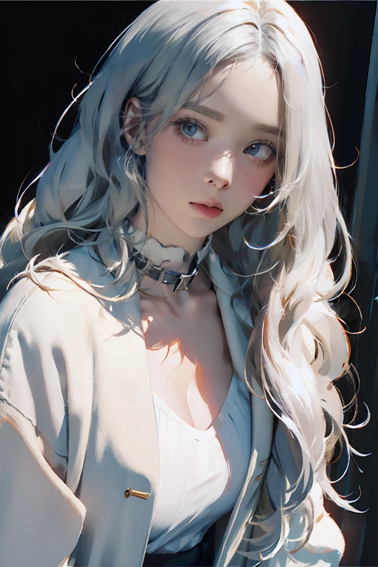 Layering,((On the outside, he is half-dressed in a white coat.)),(Sailor collar uniform),shirt, Pleated skirt,(Black Pantyhose),[:(Detailed face:1.2):0.2], RAW Photos, (masterpiece), (Highest quality), High resolution, (Realistic, photo-Realistic:1.2), Super detailed, Physically Based Rendering, One girl, Air Van, Long Hair, (Silver Hair), Wavy Hair,Large Breasts,See-through