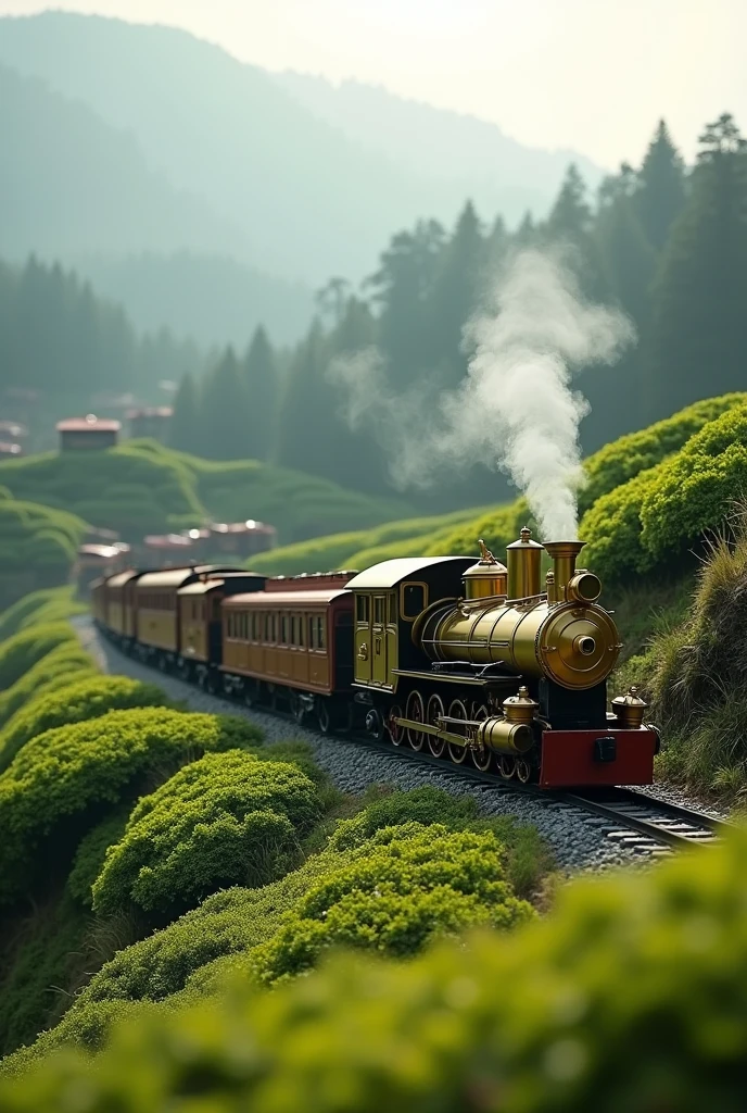 Make an image of train(toy train mini train don't make toy train) generating little amount of smoke riding in the hills (of Darjeeling) give importance and details on hills