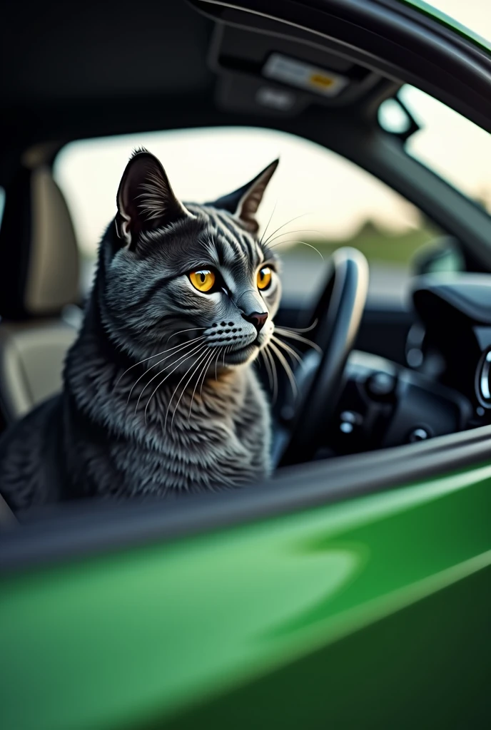 A photo of a grey European cat driving a green 2016 Hyundai Veloster showing the entire vehicle and the cat
