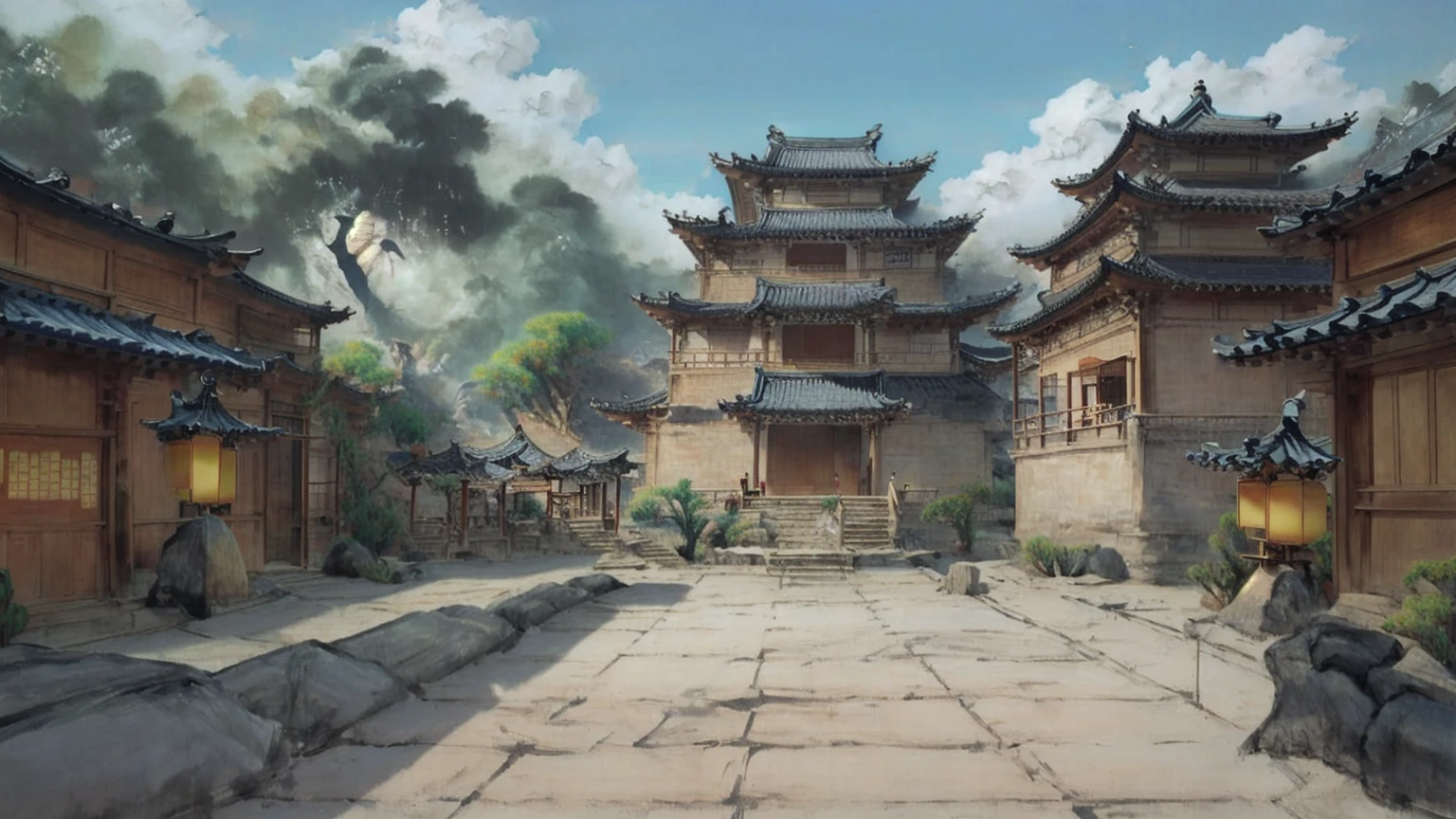 中国Ink画,  masterpiece , best quality, Ink画，Guo Chao，Ink，（Xianxia scene，Fantasy fairyland scene，Pavilions，architecture具有东南亚特色，cloud雾缭绕：1.5），outdoor，Sky，daytime，cloud，Tree，Blue sky，nobody，window，plant，architecture，landscape，lantern，stairs，Potted plants，architecture，东亚architecture，landscape