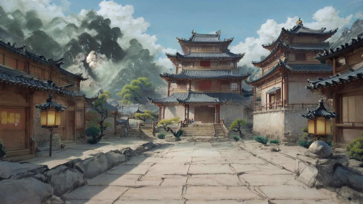 中国Ink画,  masterpiece , best quality, Ink画，Guo Chao，Ink，（Xianxia scene，Fantasy fairyland scene，Pavilions，architecture具有东南亚特色，cloud雾缭绕：1.5），outdoor，Sky，daytime，cloud，Tree，Blue sky，nobody，window，plant，architecture，landscape，lantern，stairs，Potted plants，architecture，东亚architecture，landscape