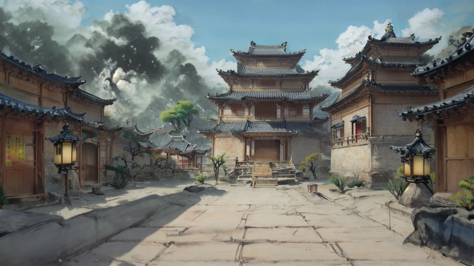 中国Ink画,  masterpiece , best quality, Ink画，Guo Chao，Ink，（Xianxia scene，Fantasy fairyland scene，Pavilions，architecture具有东南亚特色，cloud雾缭绕：1.5），outdoor，Sky，daytime，cloud，Tree，Blue sky，nobody，window，plant，architecture，landscape，lantern，stairs，Potted plants，architecture，东亚architecture，landscape