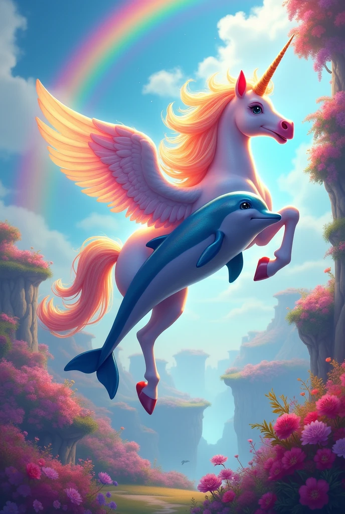 Colorful flying unicorn flying together with a dolphin over a rainbow in a very colorful fantasy world