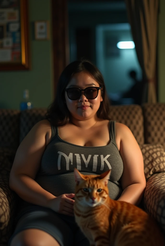 Candid photos display low quality and blurry. At night in a simple house, a healthy 20 year old chubby Indonesian girl wearing a “mvk” tank top with big breasts, wearing sunglasses, was sitting on the couch with an Orange cat. Candid, This photo was taken in low quality with typical rural dim light.