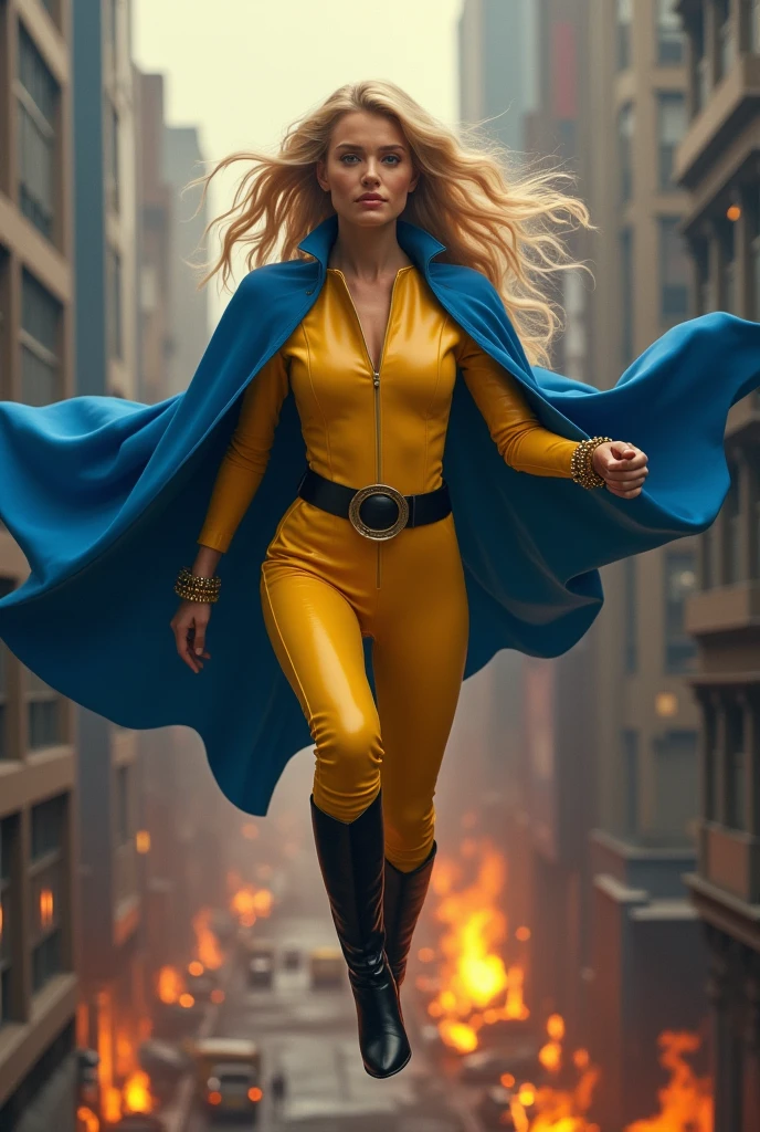 A beautiful blonde woman wearing a yellow leather jumpsuit with a blue cape. This outfit has a belt with a large round black plate. Gold bracelets. Black tight boots up to her knees. Sensual outfit flying over the city skyscrapers and buildings on fire.
