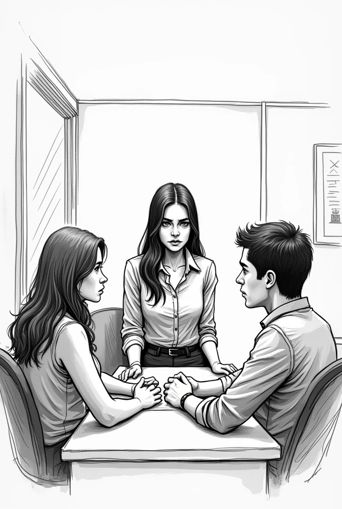 so generate a black and white comics and make it look like it's just sketch using a pen or pencil and the prompt is a teacher that is a woman talking to a parent which is the father and the mother in the office so there's basically 3 people. 