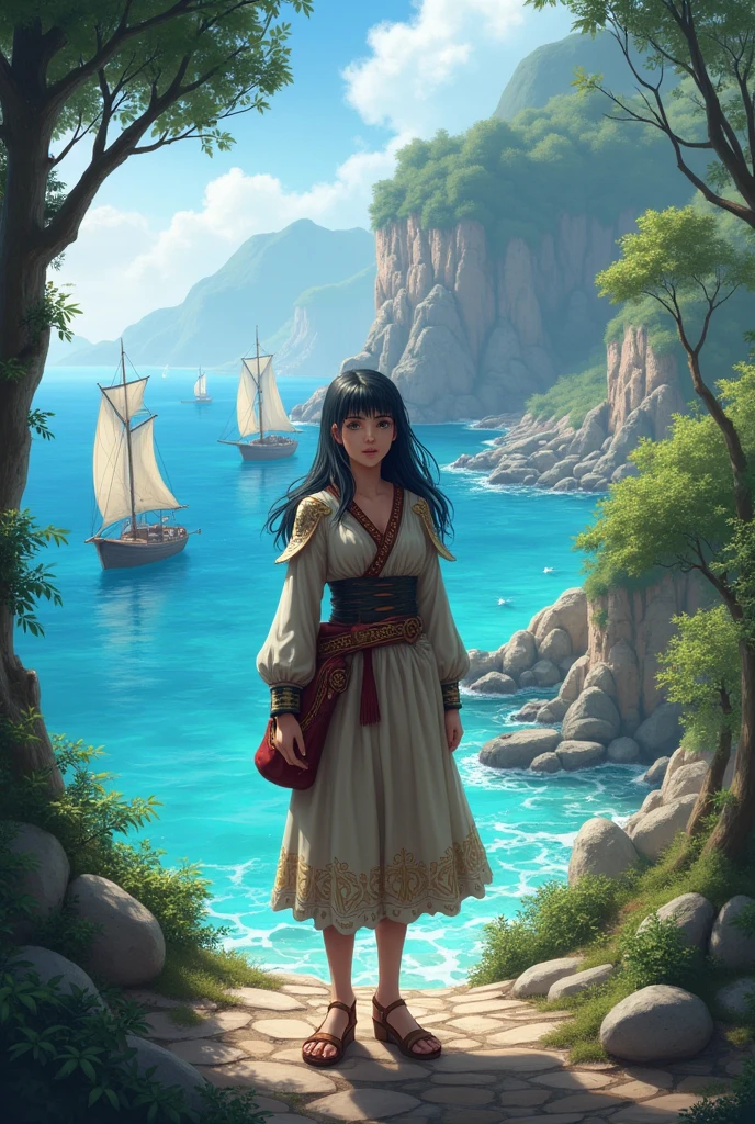 bottom: The environment magically changes to an ancient coastal landscape.
Main character: Valeria, with a surprised expression, It is surrounded by an old atmosphere with sailing boats and a coastal style..
action: Valeria looks around in amazement.
Additional Details: Use vibrant colors for the landscape and a slightly diffuse style to suggest the magic of transformation.
