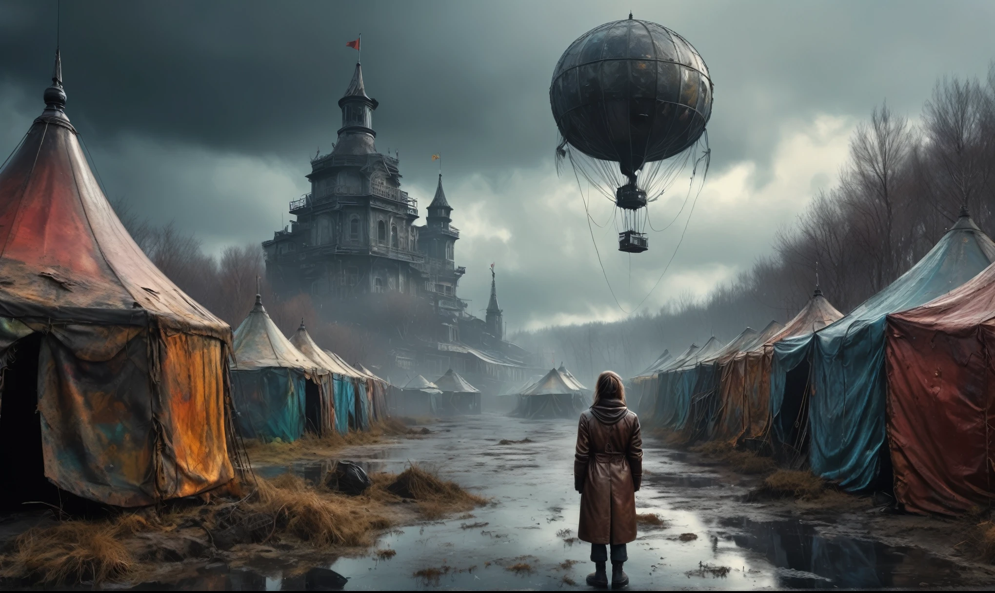 insane pilot from USSR , camouflage Rusty, after a psychiatric clinic,winter,intricate landscape,slate grey atmosphere,film grain,faded,eyes extremely detailed,another world,view from height,once pretty face,eyebrow up,full body shot,ominous landscape, Simon Stalenhag,Nicola Samori,full body shot,beggar paladium The Alien Entity,Technicolor,natural skin textures, hyper realism, hyper detailed,Extremely detailed,High contrast,Masterpiece,Realistic,Ultra Detailed, intricate details,realistic humid leather,extremly intricate,Epic Realistic, cinematic style,irina yermolova,high contrast,hdr,extremely detailed, deep night landscape,masterpiece,intricate details,faded,eyes extremely detailed, high detailed eyes,8k resolution,RAW,retina, Nikon Z9,China,tkt style, transition between two art styles, Ink painting to photorealism, Double contact, X-ray, Creative, vivid light, masterpiece, fantasy, Abstract Surrealism, super detailed, high resolution, stop:35;Her skin is pale, almost translucent,ancient rock,a hot air soars through the layers of clouds, revealing a colossal and enigmatic cityscape nestled within. The buildings in this ethereal city are adorned with intricate details and exude an aura of mystery. Above the cityscape, lend an enchanting touch to the scene. steampunk. The intricate mechanics create a sense of wonder and fascination, as if stepping into a dreamlike realism,Marta Bevacqua, ais-sinisterz, a derelict circus in the middle of a swamp, remnants of colorful tents, a silent carousel with spectral horses, all under a sky heavy with storm clouds