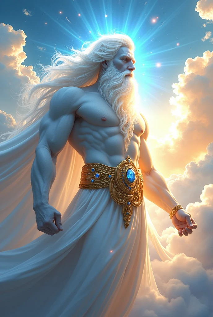 （best quality，ultra-detailed，Best illustration，Best shadow，masterpiece，high resolution，professional art，famous art）LORD of light and heavens, with his majestic power, exuding blue and orange rays around his body , skin white like albino, skin like white porcelain, strong and muscular, strong LORD with his white beard and long white hair, bright eyes like the sun and strong light, in profile with his belt of gold and precious stones, surrounded by white clouds, scenery of a sky full of angels and beings of light