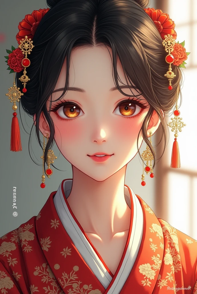 A beautiful Tibetan woman wearing a traditional Japanese dress and showing her white teeth、Beautiful illustrations created by SeaArt、Beautiful digital artwork, Beautiful digital illustrations, Beautiful digital painting, Smooth anime CG art,Amazing digital illustrations, Detailed digital anime art,  Beautiful anime portraits