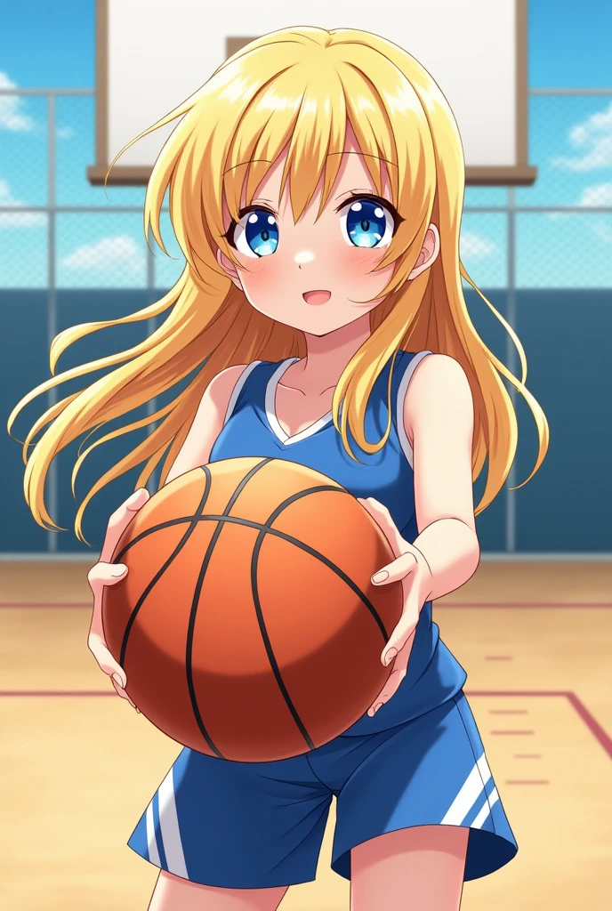 A pretty blonde girl with beautiful eyes holding a basket ball full body anime style