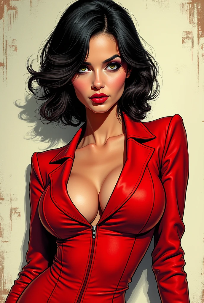Create an image ,of a very attractive lady, with her flirtatious face, with a tight red suit in the shape of a comic