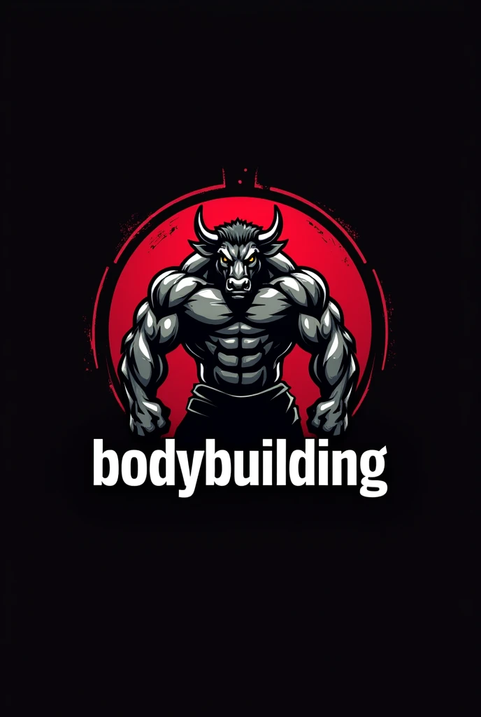 Design a powerful and dynamic logo for a bodybuilding brand featuring a strong, muscular bull as the central figure, symbolizing strength, power, and determination. The bull should have well-defined muscles, with a stance that conveys energy and dominance, embodying the essence of bodybuilding. Use sharp, angular lines to emphasize the bull's muscular build and add a sense of intensity. Incorporate bold, dark tones like black, deep red, or metallic gray to create a fierce and commanding presence. The logo should include the word 'BODYBUILDING' in a bold, modern font that complements the aggressive and energetic vibe of the design.