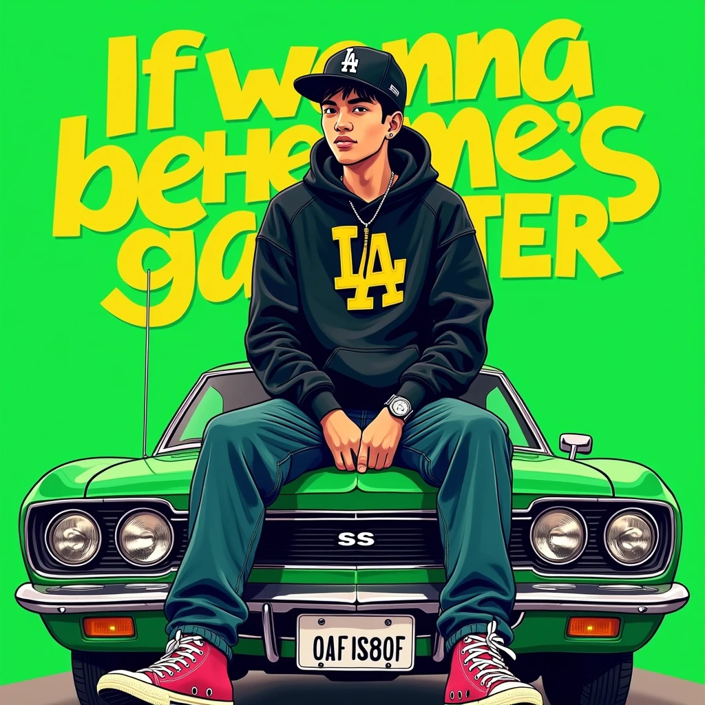 Image of a man sitting on the bonnet of a car, Yoshihiko Wada's album cover, winner of the behance contest, Doodle, official artwork, rap album cover, hip - hop album art cover, colored album art, hip hop music album cover, rap album cover art, official fanart, GTA Cover, hip hop album cover, album art cover, G-FUNK Hip Hop album cover, green background, green car, with the words If WONA behemes a gangster on the back of the picture, an Asian ager wearing a black LA hoodie, a black LA ball cap with a deep press and a wide pair of jeans down, a troublemaker boy sits on the bonnet of a car and lets the car out to the side