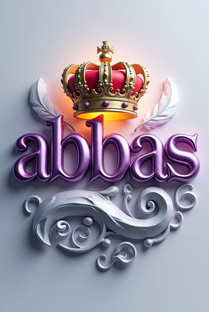 A 3d render of the word "Abbas" in a purple and gold metallic font with a golden British crown above and a white feather , with a light shine behind the word, and a silver swirl underneath.  The background is a light gray.