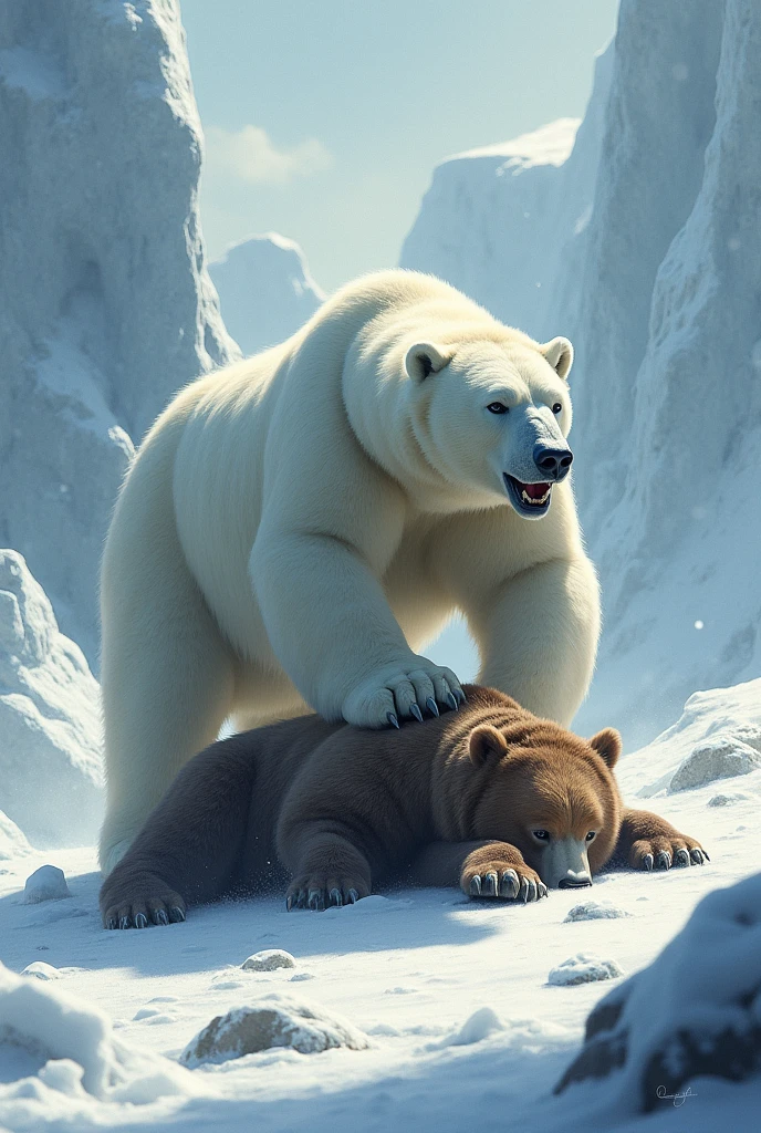 size:
1024×1024 Tips: Dramatic scene of polar bear defeating brown bear in snow. Polar bear stands victorious, In the background is a defeated brown bear. Detailed snow scene, ice, Polar bear strong posture