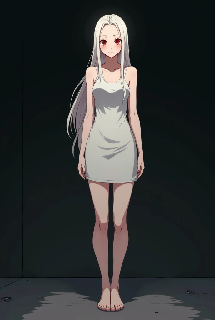 The image is in the style of a Ghibli studio anime., although somewhat gloomy and adult, It features a 20-year-old albino adult woman.. She is standing in front of a black wall, She has long hair and red eyes. He appears happy with a smile. She has a white dress that reaches her knees.. strong thighs.
