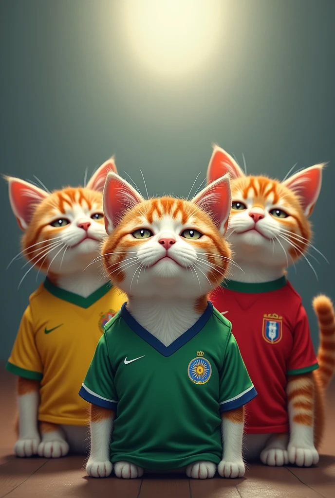 A picture of 3 cats wearing Brazil shirts, Mexico and Chile, The three cats crying And a fourth cat ahead happy with the Argentina t-shirt