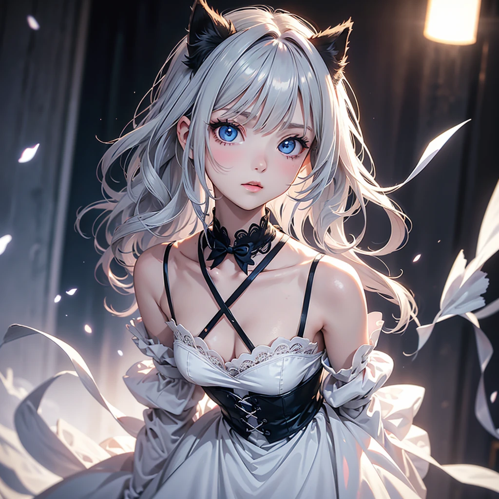 silver hair, dog ears, white dress,wavy hair,delicate features quiet gaze,beautiful half body illustration,beautiful backgraund,atmospheric lighting,sharp focus,vlumetric lighting,cute face,reduce saturation,fine detailed face,small nose and mouth,volumetric top lighting,bold line painting, soft shadow,((masterpiece, best quality)), (1girl), (solo), (female focus),small breasts,flat tits,ta,short height,skinny girl,blue eyes,open legs,animal ears,