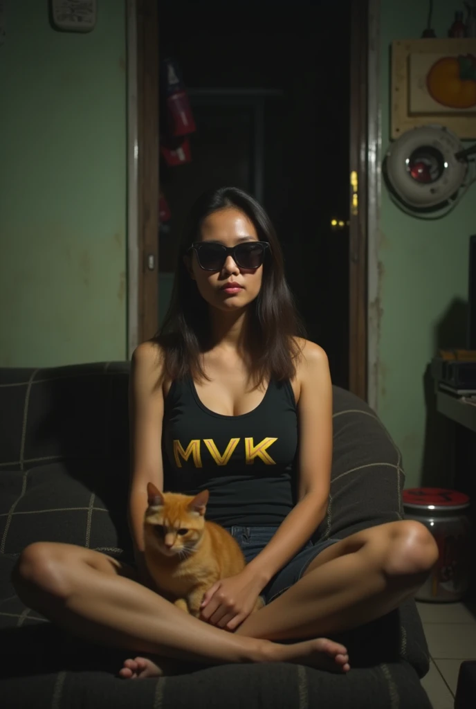 Candid photos display low quality and blurry. At night in a simple house, a healthy 20 year old Indonesian girl wearing a “mvk” tank top with big breasts, wearing sunglasses, was sitting on the couch with an Orange cat. Candid, This photo was taken in low quality with typical rural dim light.