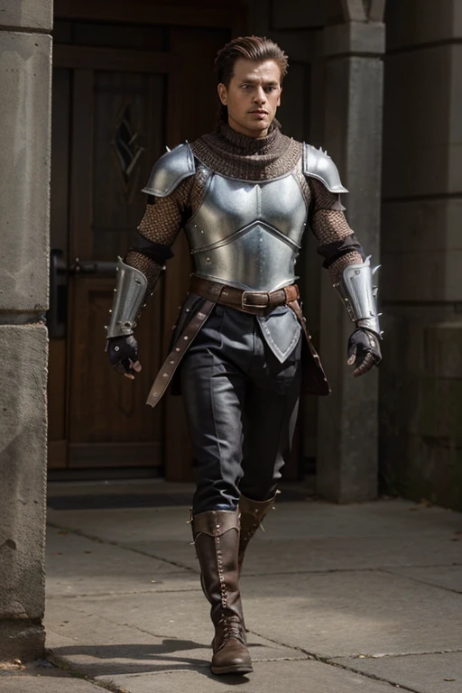 mesh armor, designed to offer both flexibility and protection. The armor is adorned with spiked shoulder pads, adding a fierce and intimidating edge to his appearance. Underneath, he wears a gray-brown tunic, reinforced with silver plate armor for added defense. His dark brown pants are complemented by enchanted shin armor, which enhances his running speed and agility. To complete his ensemble, he wears sturdy leather boots, also designed to support and amplify his swift movements. His gloves are brown, matching his pants and adding to the overall cohesion of his outfit.