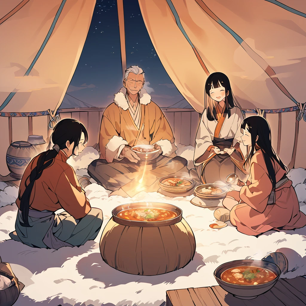 A warm-toned, pastel-style illustration depicting a cozy scene inside a traditional Mongolian yurt. Two oldman and yung Family with sun-kissed faces are sitting around a steaming bowl of soup. They are wearing loose-fitting, traditional Mongolian attire that reveals their midriffs. The sisters have gentle smiles on their faces, radiating warmth and comfort within the nomadic tent, or 'ger.' The overall atmosphere is one of familial bond and cultural richness.A fur rug on the ground