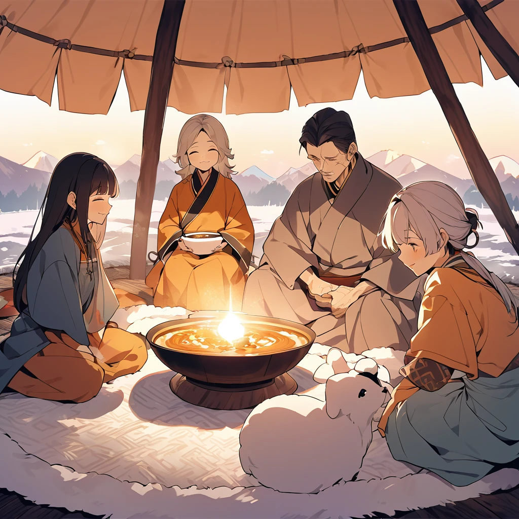 A warm-toned, pastel-style illustration depicting a cozy scene inside a traditional Mongolian yurt. Two oldman and yung Family with sun-kissed faces are sitting around a steaming bowl of soup. They are wearing loose-fitting, traditional Mongolian attire that reveals their midriffs. The sisters have gentle smiles on their faces, radiating warmth and comfort within the nomadic tent, or 'ger.' The overall atmosphere is one of familial bond and cultural richness.A fur rug on the ground