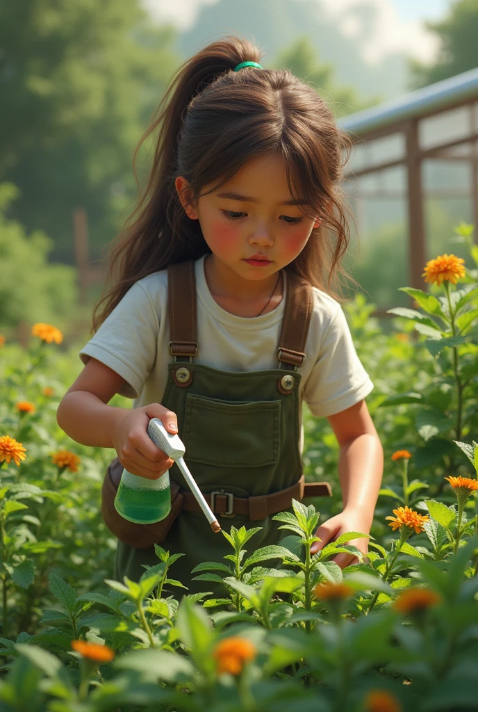 A girl using nettle insecticide
