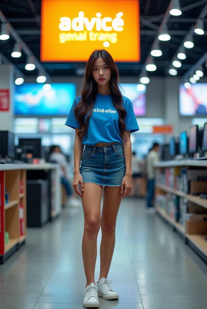 A BEAUTIFUL THAI GIRL WITH LONG HAIR, A GOOD BODY, WEARING A BLUE T-SHIRT WITH THE WORD "ADVICE" PRINTED ON IT, A SKIRT OF SHORT JEANS, AND WHITE SNEAKERS ((STANDING WITH A LARGE SIGN ABOVE HER HEAD WITH THE WORD "GENAI TRANG"))) IN A COMPUTER STORE. Tablet, (((Full body)))., Proportional, massive breasts