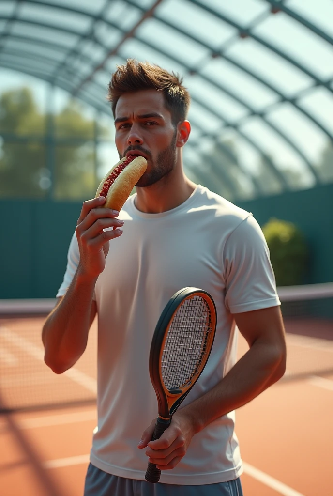 I want a padel court with glass where a player appears, where he is eating a hot dog and in the other hand he has a paddle racquet.  The image must be super realistic 