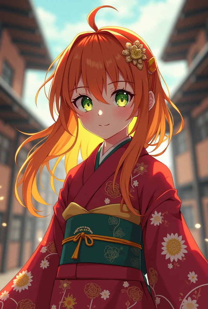 A young female alchemist with reddish yellow hair and green eyes wear kimono dress high school action romances