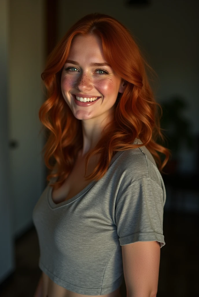 Girl s beautiful average looking woman, smiling, white teeth, small breasts, nice body, big ass AND grandes pechos, (foto de cuerpo completo) , baggy tshirt, ((leaning forward)), down blouse, (looking at the camera:1.4), (highest quality), (best shadow), intricate details, interior, ginger hair:1.3, dark studio, muted colors, freckles