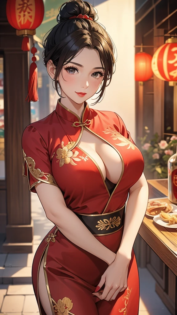 a beautiful woman,Standard red silk cheongsam,Hair tied into a bun,short black hair,Large Breasts,Sexy,Slim body,Holding a Chinese long sword,long sword waving, (gold embroidery thread), (Such),cleavage, City,Outdoor Chinese restaurant,Smile,lipstick