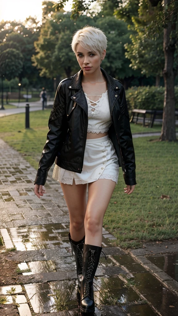 Woman with short white hair, beautiful, with miniskirt, black lace-up boots, black jacket, Walking in a park at sunset after rain,((realism))