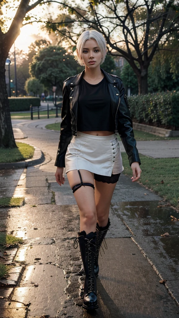 Woman with short white hair, beautiful, with miniskirt, black lace-up boots, black jacket, Walking in a park at sunset after rain,((realism))