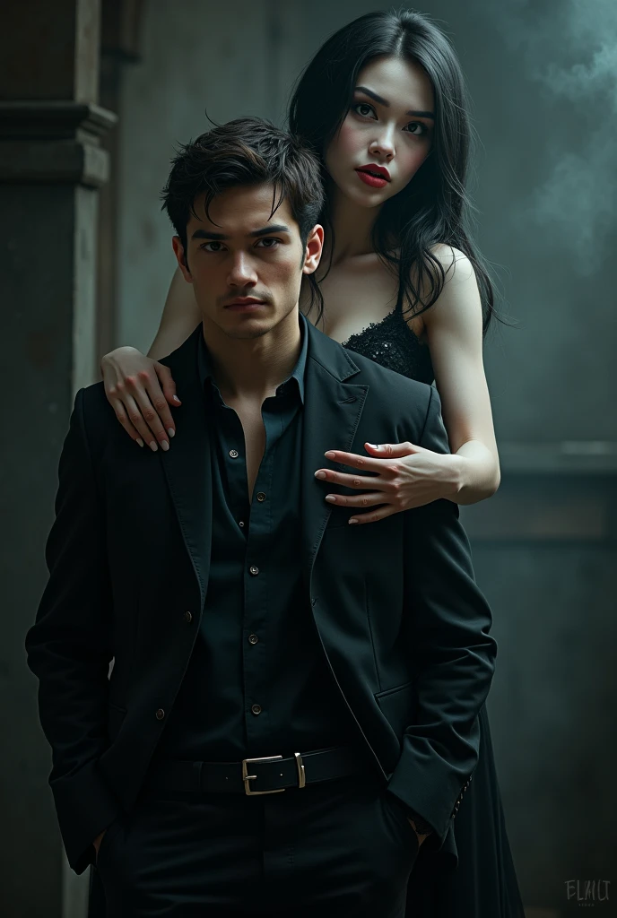 Normal man and vampire woman,  Behind him 