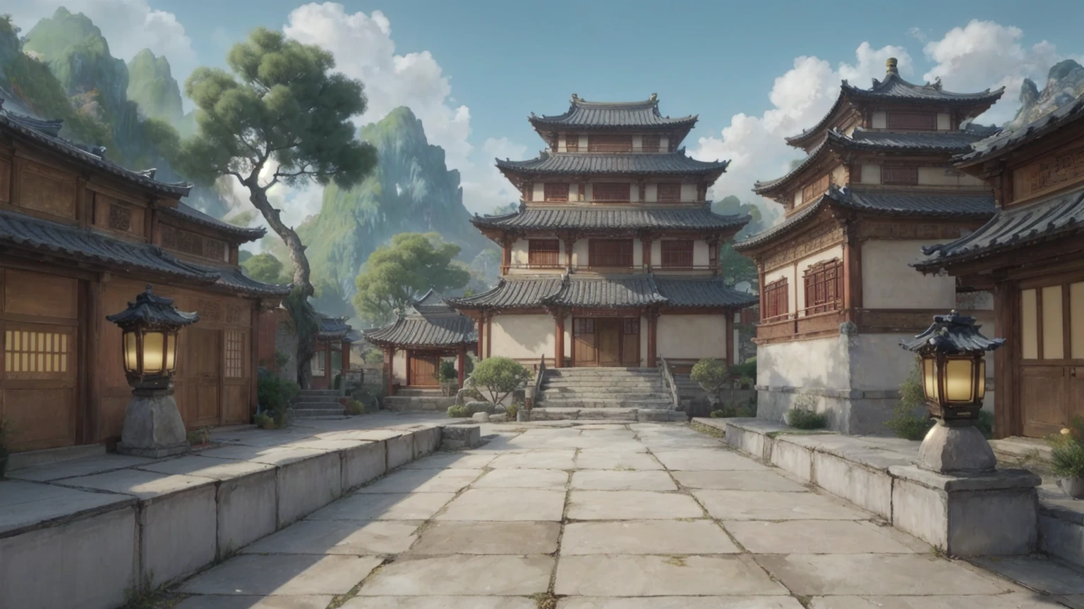 中国Ink画, masterpiece , best quality, Ink画,Guo Chao,Ink,cloud雾围绕着architecture,(Xianxia scene,Fantasy fairyland scene,Pavilions,architecture具有东南亚特色,cloud雾缭绕:1.5),outdoor,Sky,daytime,cloud,Tree,Blue sky,nobody,window,plant,architecture,landscape,lantern,stairs,Potted plants,architecture,东亚architecture,landscape