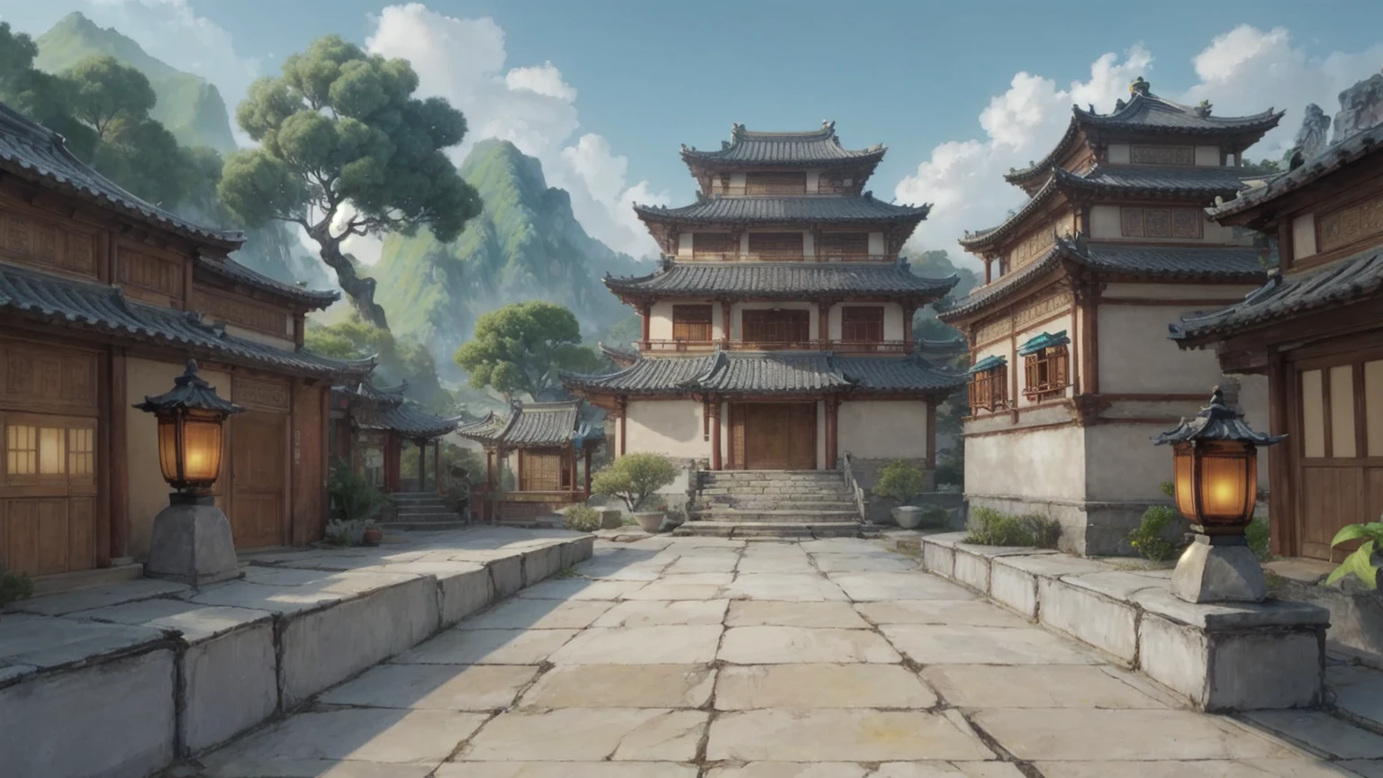 中国Ink画, masterpiece , best quality, Ink画,Guo Chao,Ink,cloud雾围绕着architecture,(Xianxia scene,Fantasy fairyland scene,Pavilions,architecture具有东南亚特色,cloud雾缭绕:1.5),outdoor,Sky,daytime,cloud,Tree,Blue sky,nobody,window,plant,architecture,landscape,lantern,stairs,Potted plants,architecture,东亚architecture,landscape