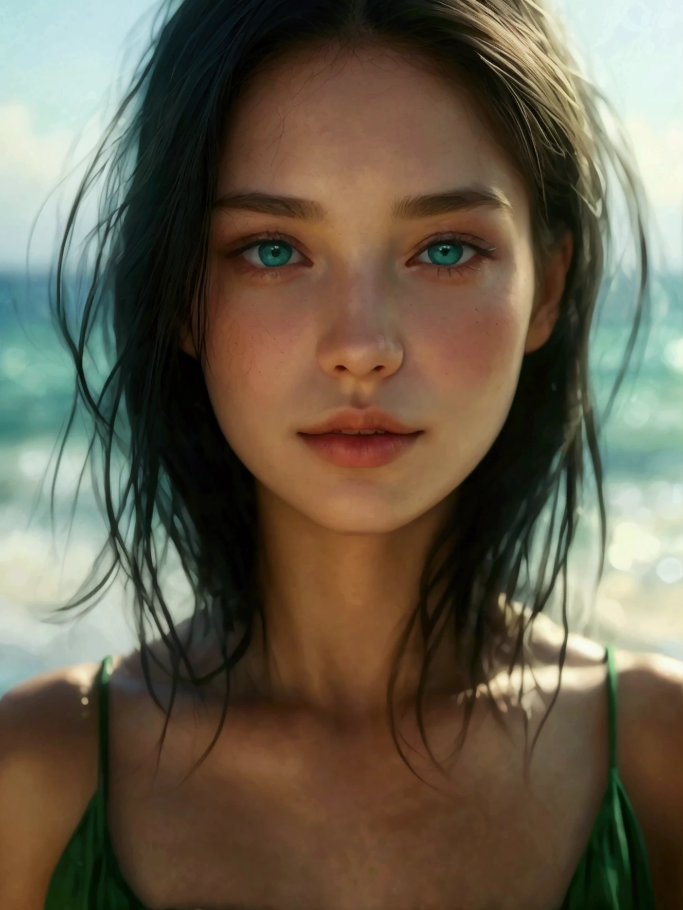 (((highest quality, 8k, masterpiece))), ((best quality)), ((masterpiece)), (detailed), sharp focus, thin, cinematic lighting, perfection, soft light, high resolution skins:1.3, realistic skin texture, Female on the left: 2, Caucasian, Pale skin, green eyes, Long black hair, thin lips, round small face, Tall, dressed in black, looking at viewer with soft smile, shy, Female on the right: 2, Caucasian, Fair skin, blue eyes, blond hair shoulder length, plumpy lips, Shorter, dressed in crop top, looking at viewer happy, confident, Show only faces, beach and ocean behind scene, blurred background.