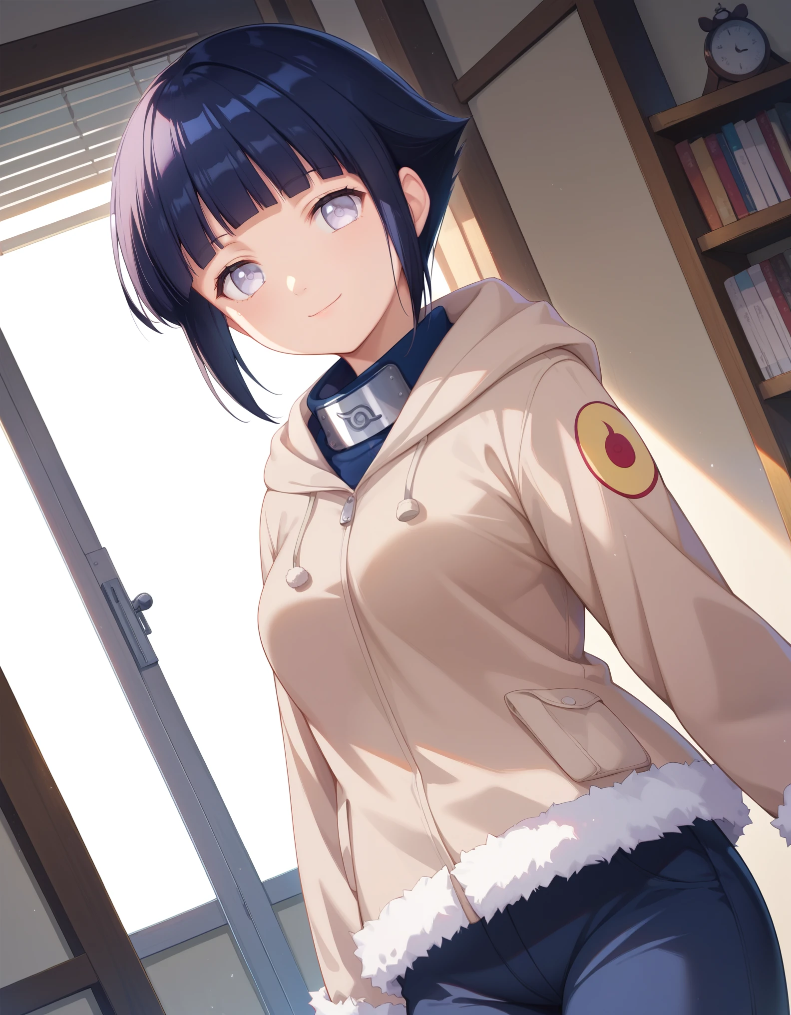 score_9, score_8_up, score_7_up, source_anime, hinata hyuga, short hair, white eyes, bangs, blunt bangs, medium breasts,, long sleeves, pants, hood, konohagakure symbol, fur trim, jacket,, indoors, smile, looking at viewer, solo,, cowboy shot, dutch angle