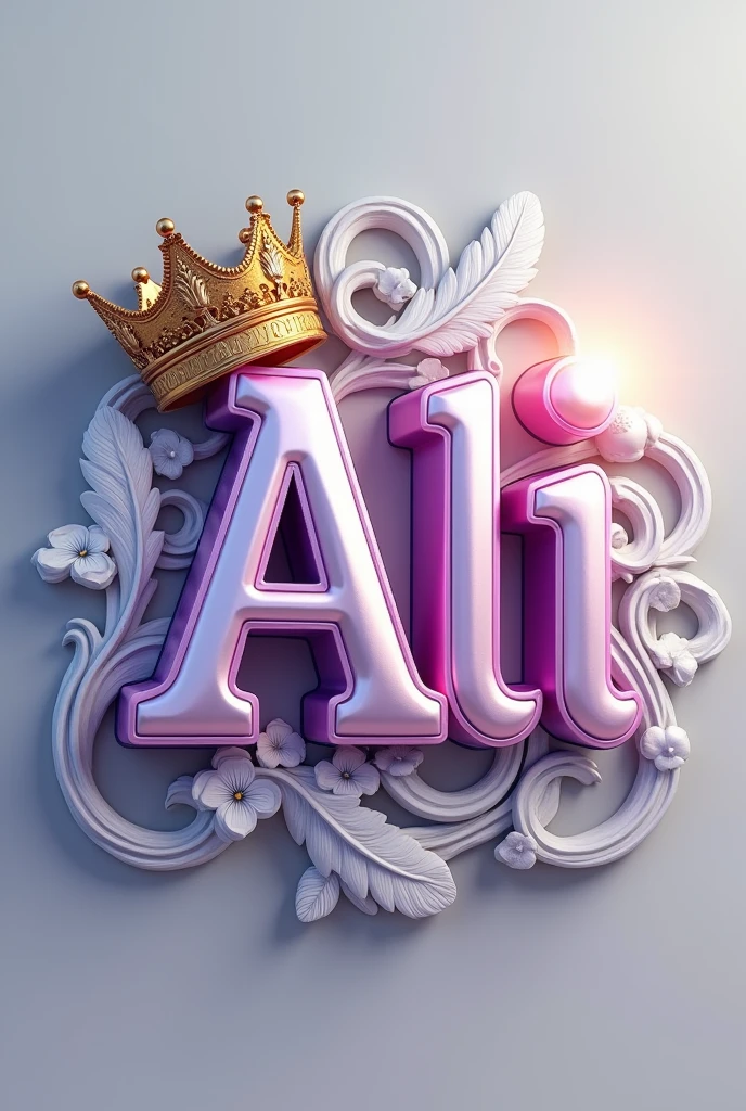 A 3d render of the word "Ali" in a purple and gold metallic font with a golden British crown above and a white feather , with a light shine behind the word, and a silver swirl underneath. The background is a light gray.