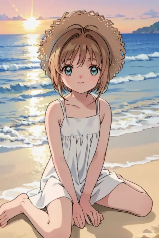High resolution backgrounds,Beautiful background,anime, cute,Beach Sunset,The big sun setting on the horizon,9-year-old girl,White camisole dress,Chestnut Hair,Short Bob Hair,barefoot,Green Eyes,White straw hat,Lens flare,Sitting flat on the sand,smiling