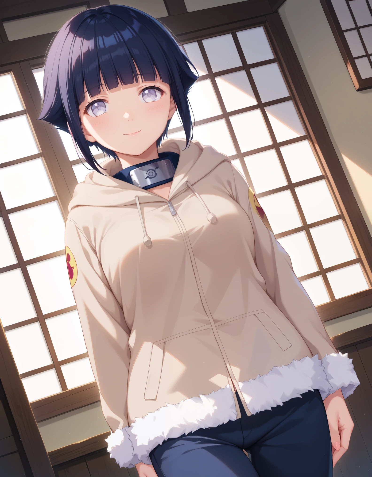 score_9, score_8_up, score_7_up, source_anime, hinata hyuga, short hair, white eyes, bangs, blunt bangs, medium breasts,, long sleeves, pants, hood, konohagakure symbol, fur trim, jacket,, indoors, smile, looking at viewer, solo,, cowboy shot, dutch angle