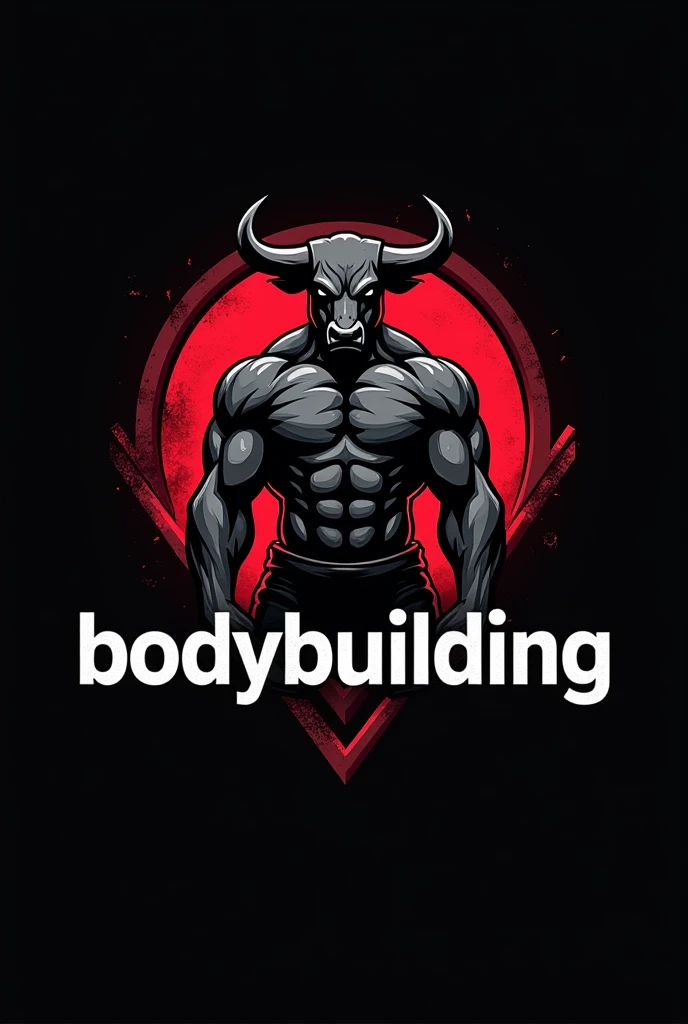 Design a powerful and dynamic logo for a bodybuilding brand featuring a strong, muscular bull as the central figure, symbolizing strength, power, and determination. The bull should have well-defined muscles, with a stance that conveys energy and dominance, embodying the essence of bodybuilding. Use sharp, angular lines to emphasize the bull's muscular build and add a sense of intensity. Incorporate bold, dark tones like black, deep red, or metallic gray to create a fierce and commanding presence. The logo should include the word 'BODYBUILDING' in a bold, modern font that complements the aggressive and energetic vibe of the design.