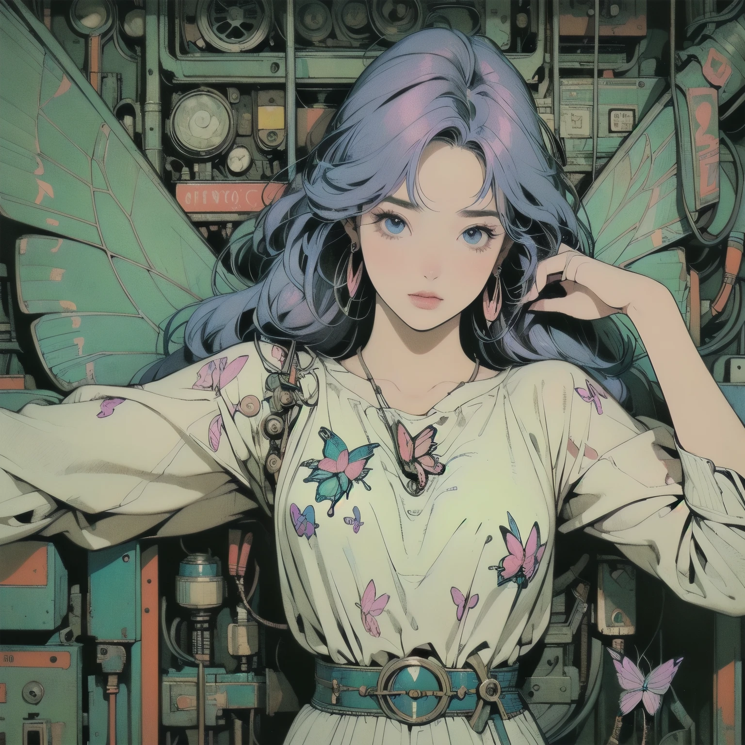 (((masterpiece, Highest quality)))、(((32K Wallpapers)))、The most detailed machine、((Outdated machinery and a woman)))、The most detailed background、(((Flat Chest)))、(((Surrounded by many complex, sophisticated, Outdated machinery)))、Upper Body、 (One person:1.2), ((((Model Pose))))、((Overall colorfully))、A perfect Outdated machinery、(((Perfect Face)))、(((The most complete Outdated machinery)))、Detailed Hair、Short sleeve white T-shirt、Colorful hair color、(((Mechanical Butterfly))), (((Lots of cables)))、Very strong light