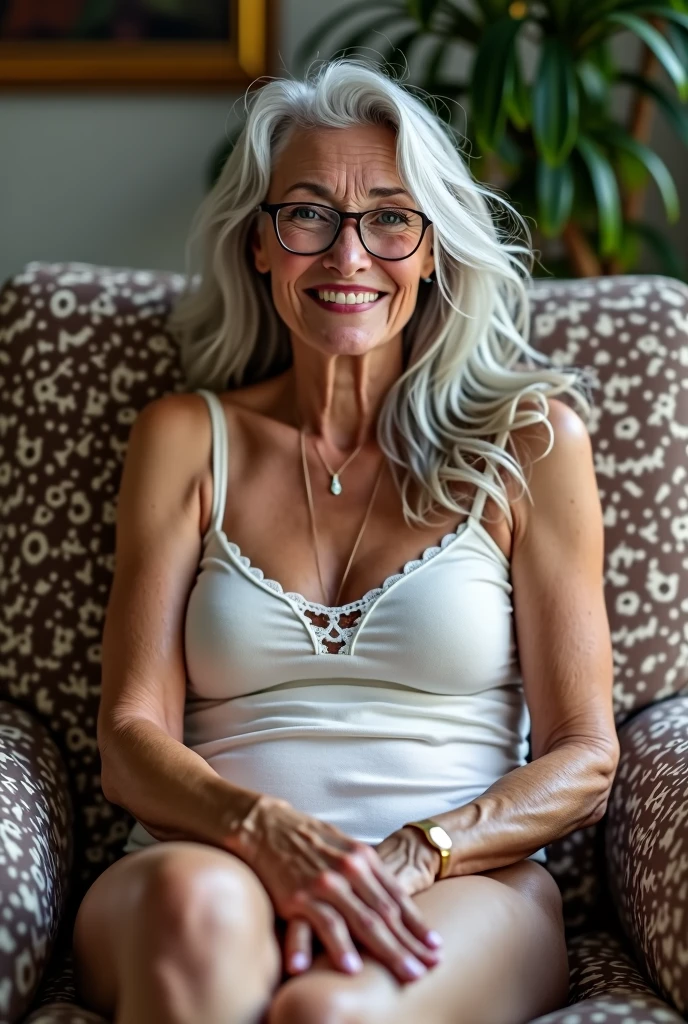 An elderly caregiver, in which you are looking for a job This photo shows an older woman with long, gray-white hair, wearing white lingerie. The woman has a bright smile, wears glasses, and sits in a patterned chair. Her body has natural wrinkles, reflecting her age and the changes her body has undergone over time. The overall image exudes confidence and comfort, with the woman expressing joy and satisfaction with her body.
