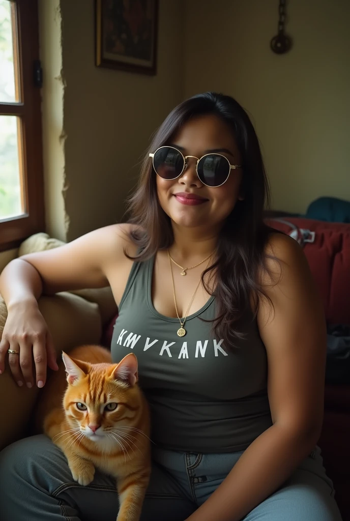 Candid photos display low quality and blurry. At night in a simple house, a healthy 20 year old Indonesian girl wearing a “mvk” tank top with big breasts, wearing sunglasses, was sitting on the couch with an Orange cat. Candid, This photo was taken in low quality with bright light typical of the countryside.