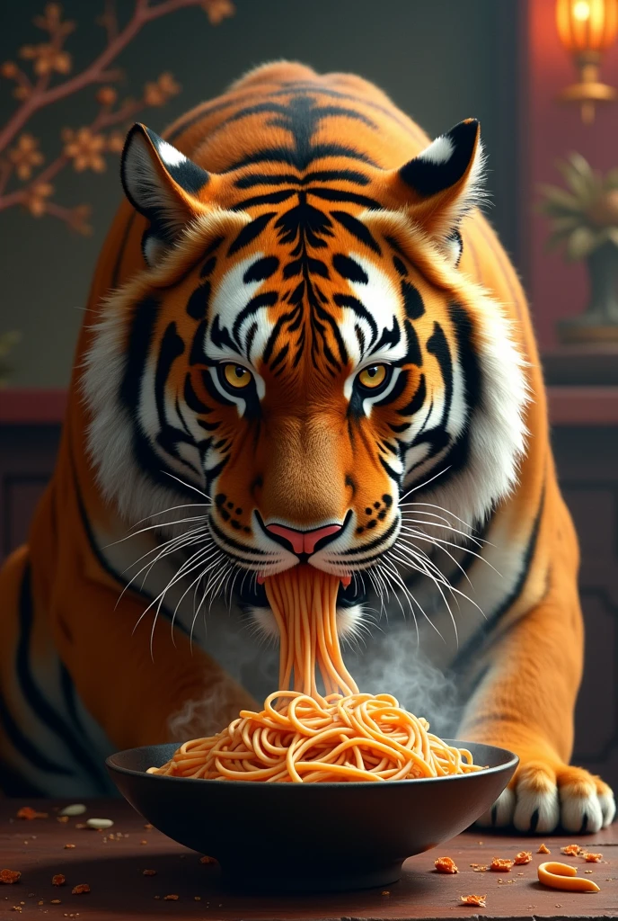Big tiger eat noodle so delicious